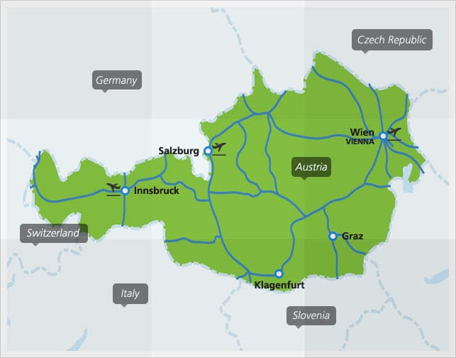 Mappa dei principali collegamenti ferroviari in Austria