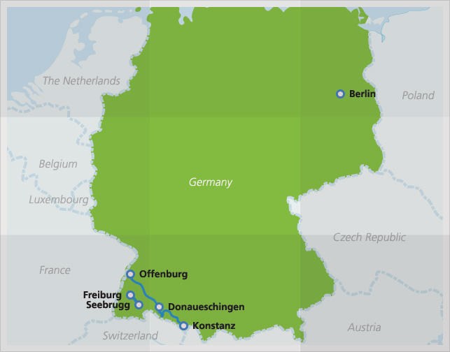 Karte mit der Strecke der Schwarzwaldbahn