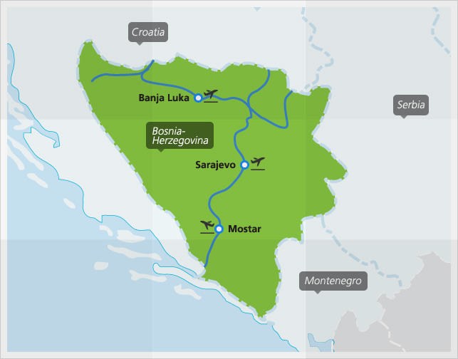 Mappa dei principali collegamenti ferroviari in Bosnia-Erzegovina
