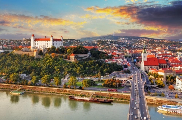 Aerial views of Bratislava with castle and St. Martin's cathedral, Slovakia