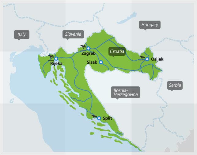Mappa dei principali collegamenti ferroviari in Croazia