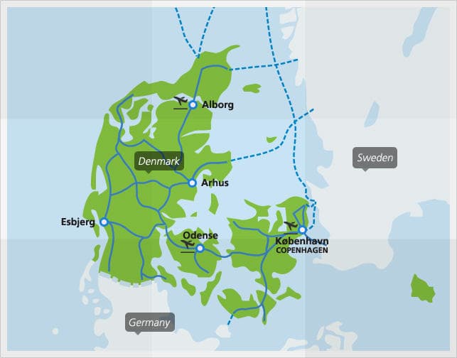 Mappa dei principali collegamenti ferroviari in Danimarca
