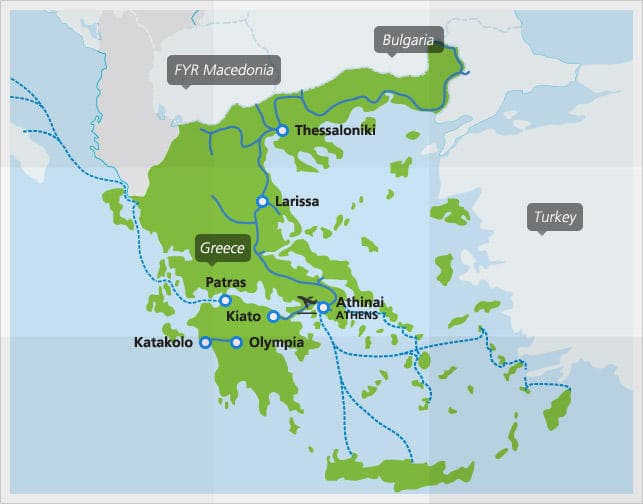 Mappa dei principali collegamenti ferroviari in Grecia
