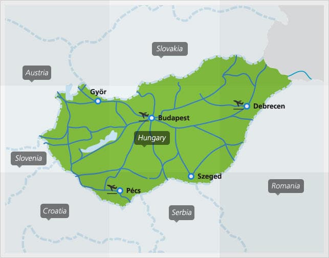 Mappa dei principali collegamenti ferroviari in Ungheria