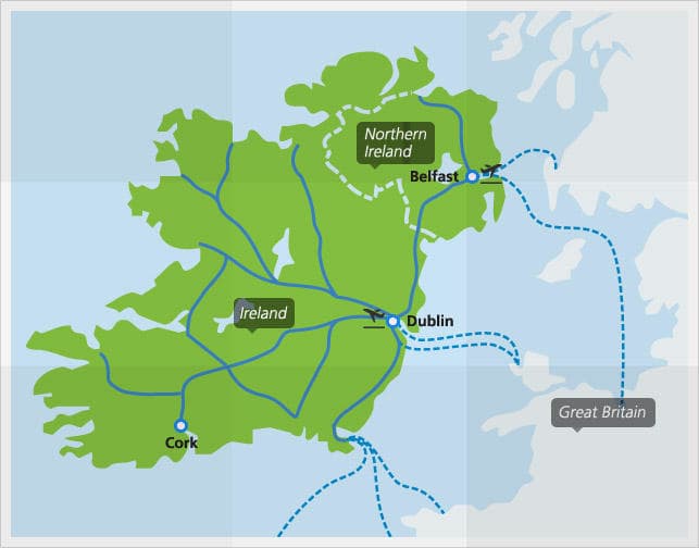 Mappa dei principali collegamenti ferroviari in Irlanda
