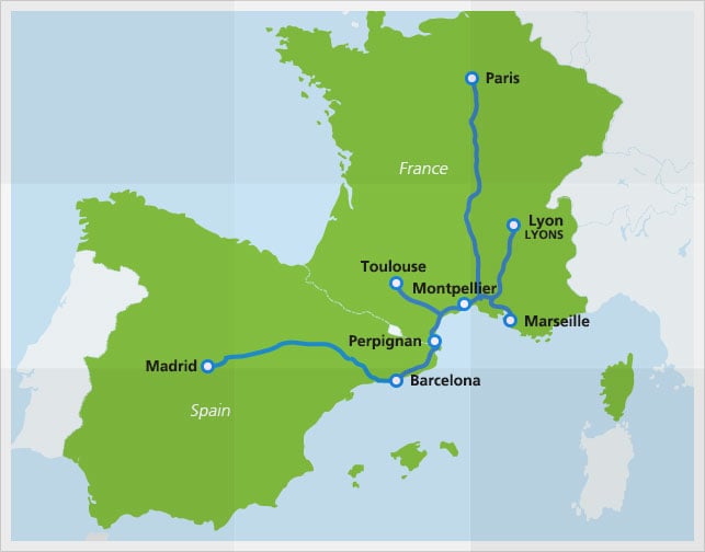 Map with train routes of Renfe-SNFC high-speed train