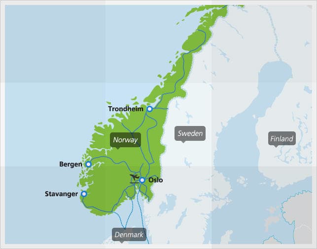Karte mit Zugverbindungen in Norwegen