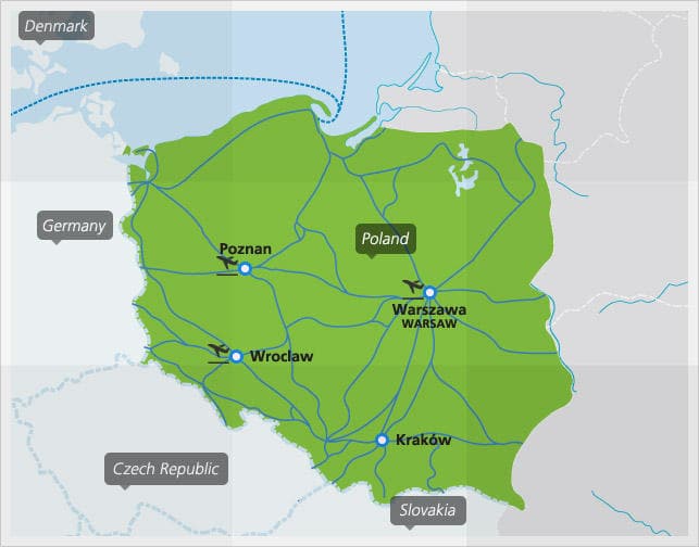 Mappa dei principali collegamenti ferroviari in Polonia