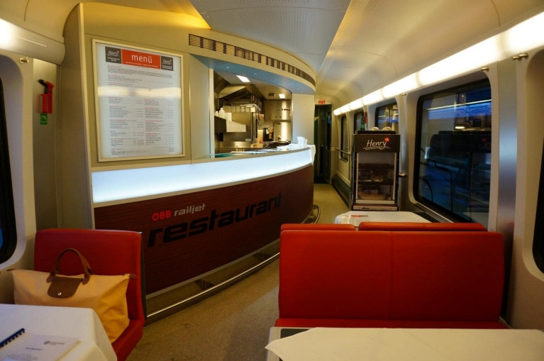 Restaurant car in Railjet high-speed train in Austria