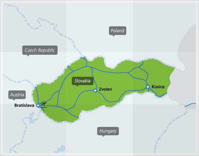 Mappa dei principali collegamenti ferroviari in Slovacchia