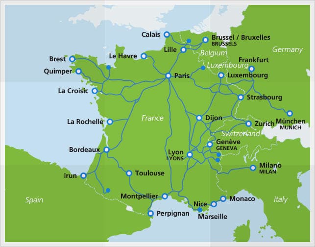 Mapa de TGV con las rutas de 2016