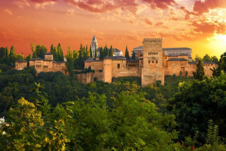 Exterior view of the Alhambra at sunset