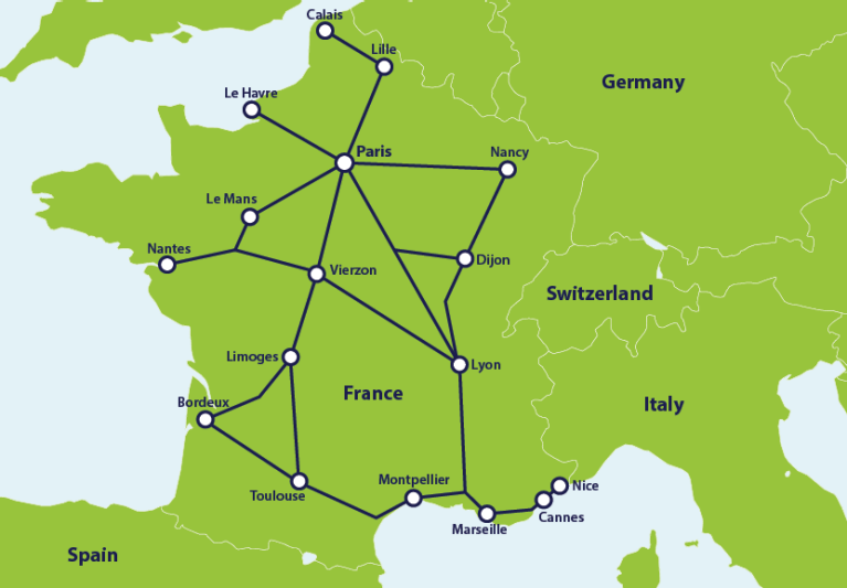 Map with main train connections in France