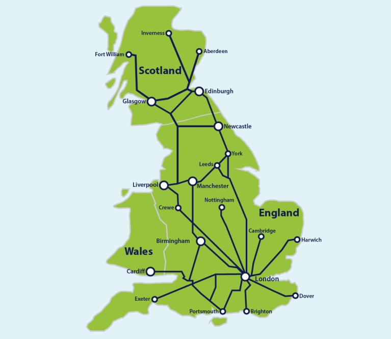 Karte der wichtigsten Zugverbindungen in Großbritannien
