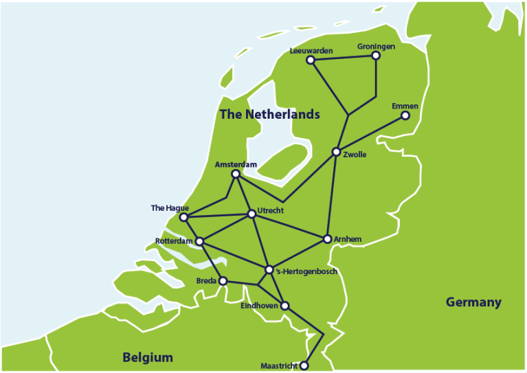 Map with main train connections in the Netherlands