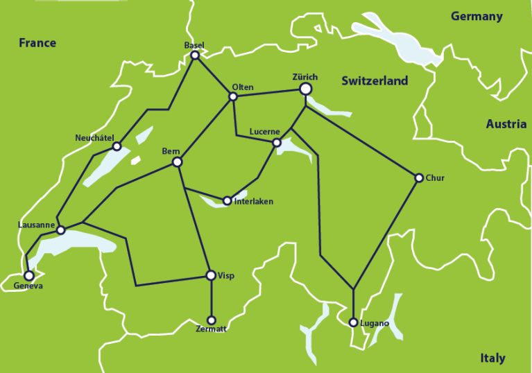 Karte mit Zugverbindungen in der Schweiz
