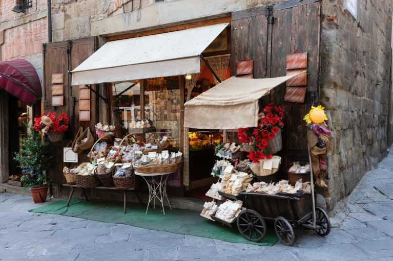 A local shop on the street in Siena selling Tuscan goods
